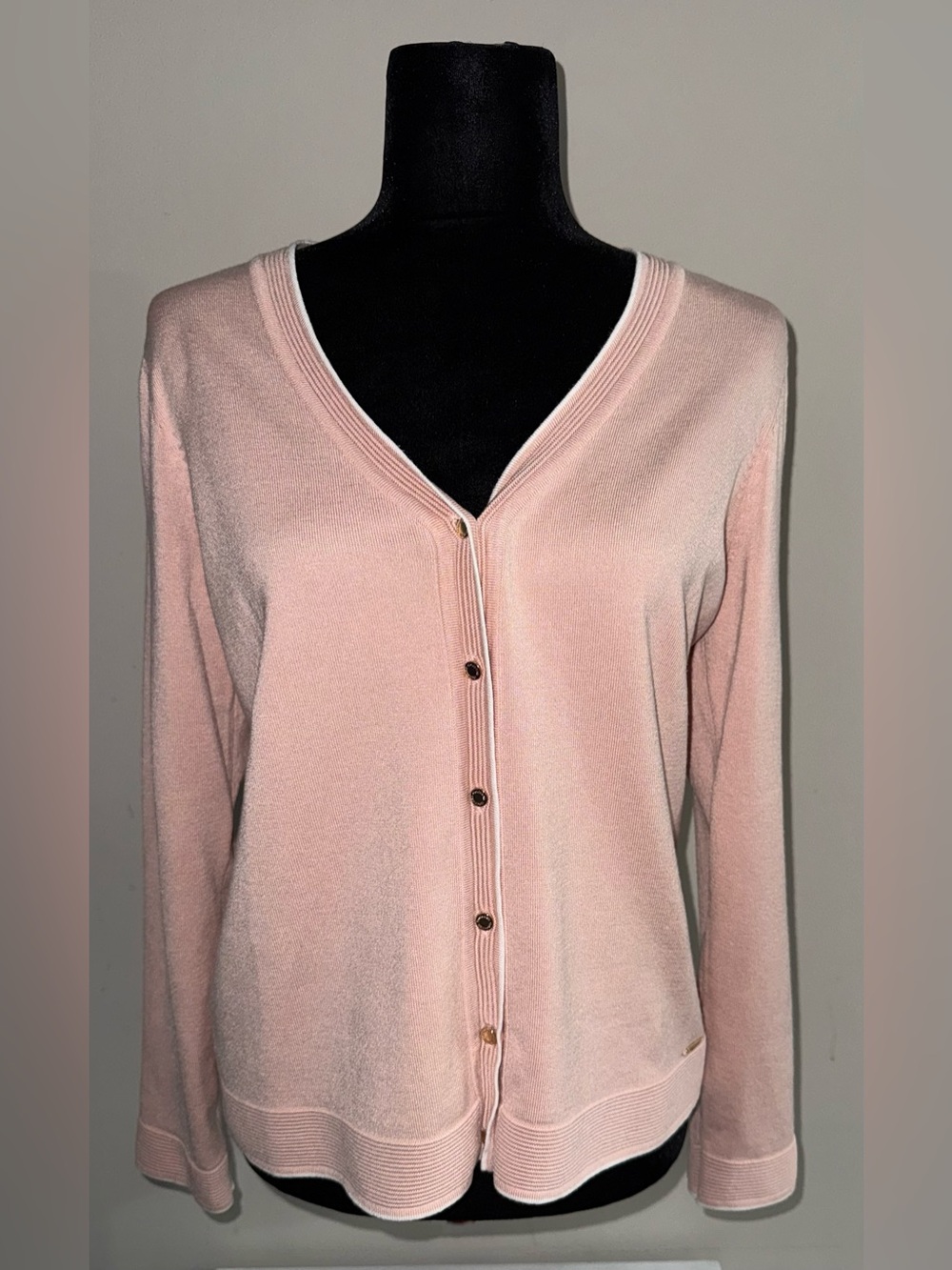 Calvin Klein Pink Button Down Cardigan Sweater Ribbed White Trim Medium M